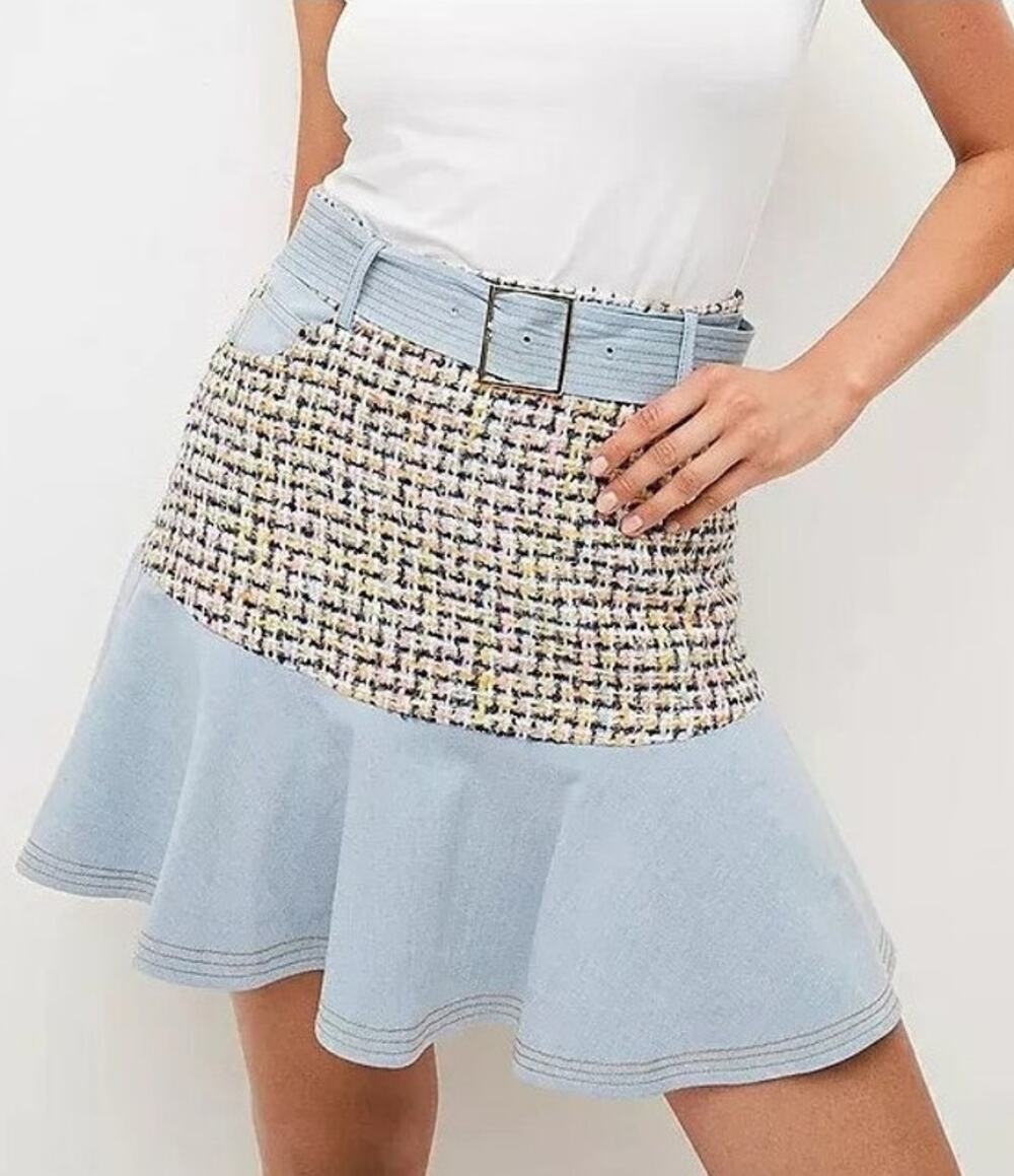 Karen Millen Denim Tweed Belted Ruffle Skirt Size 8 Preppy Academia Old Money